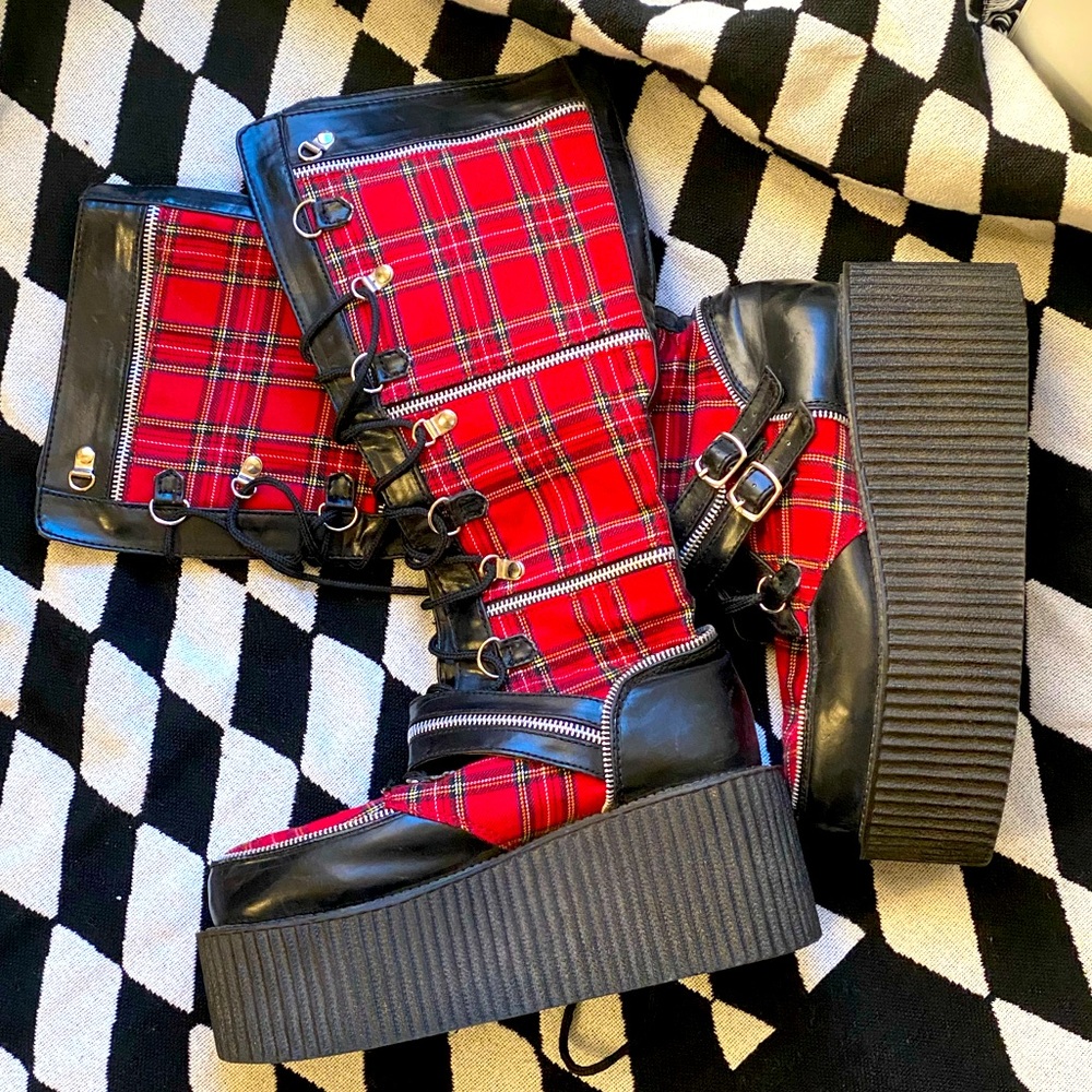 Demonia creeper-812 red plaid boots